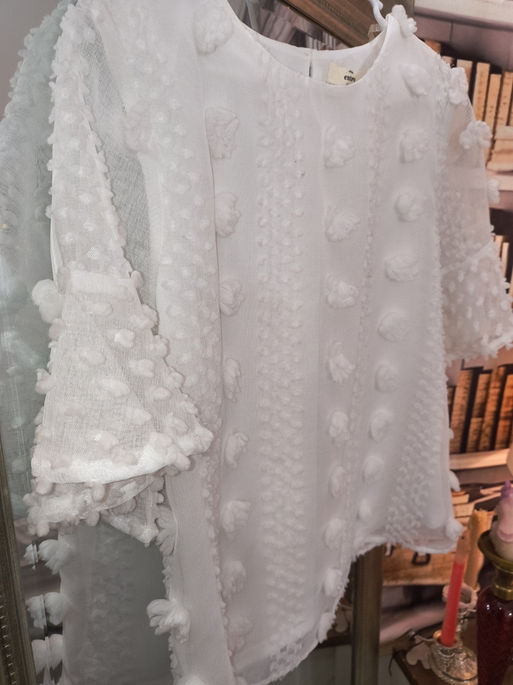 NWOT Entro White Textured Swiss Dot Blouse Medium Sheer Boho Cottagecore Top